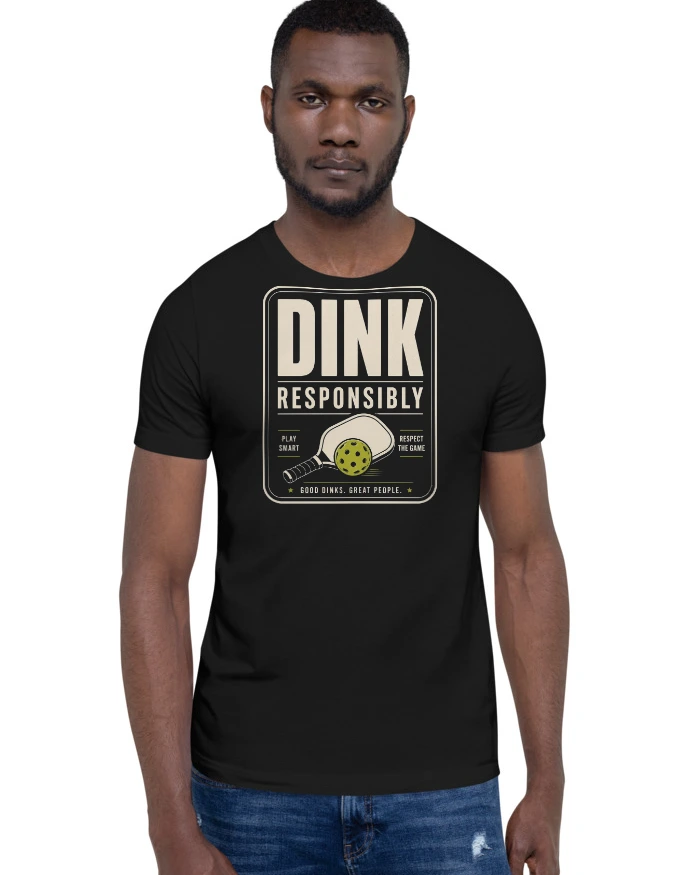 Dink Responsibly tee, black, front view worn by a model