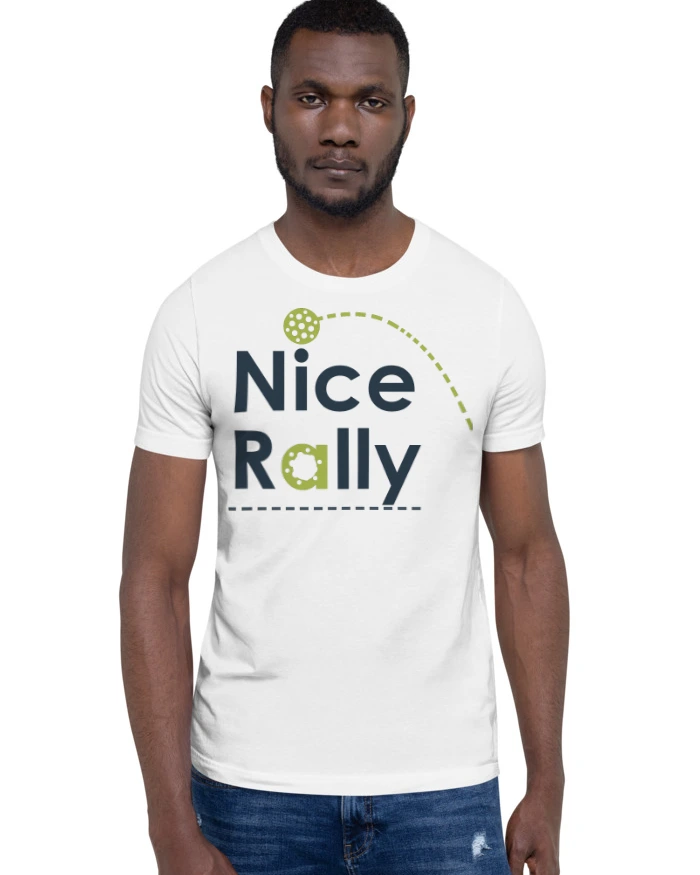 Nice Rally tee, white, front view worn by a model